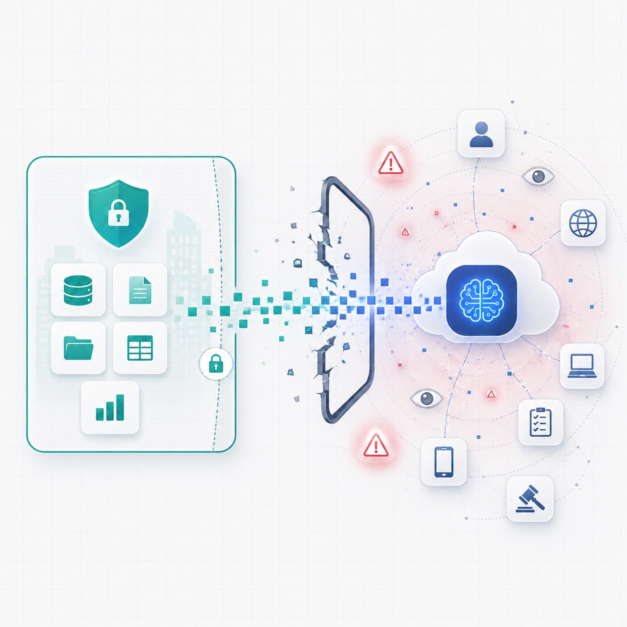 Enterprise-controlled data and applications passing through a broken security boundary to an externally hosted AI cloud with privacy, compliance and governance risks.